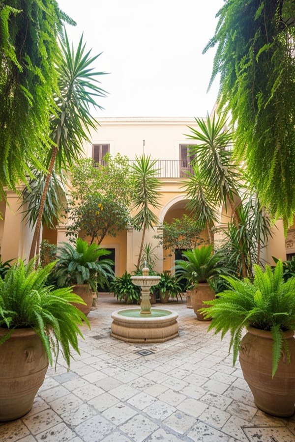 Cortile condominiale ben curato con piante e spazi comuni organizzati