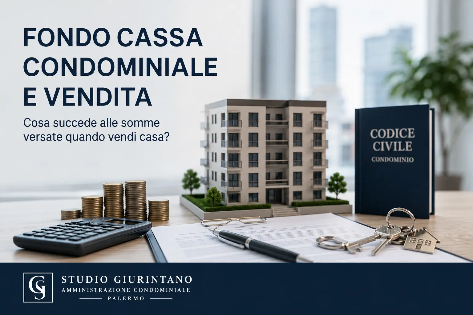 Fondo cassa condominiale e vendita casa: edificio condominiale con monete, contratto e chiavi su scrivania, tema gestione spese e trasferimento quote condominiali.